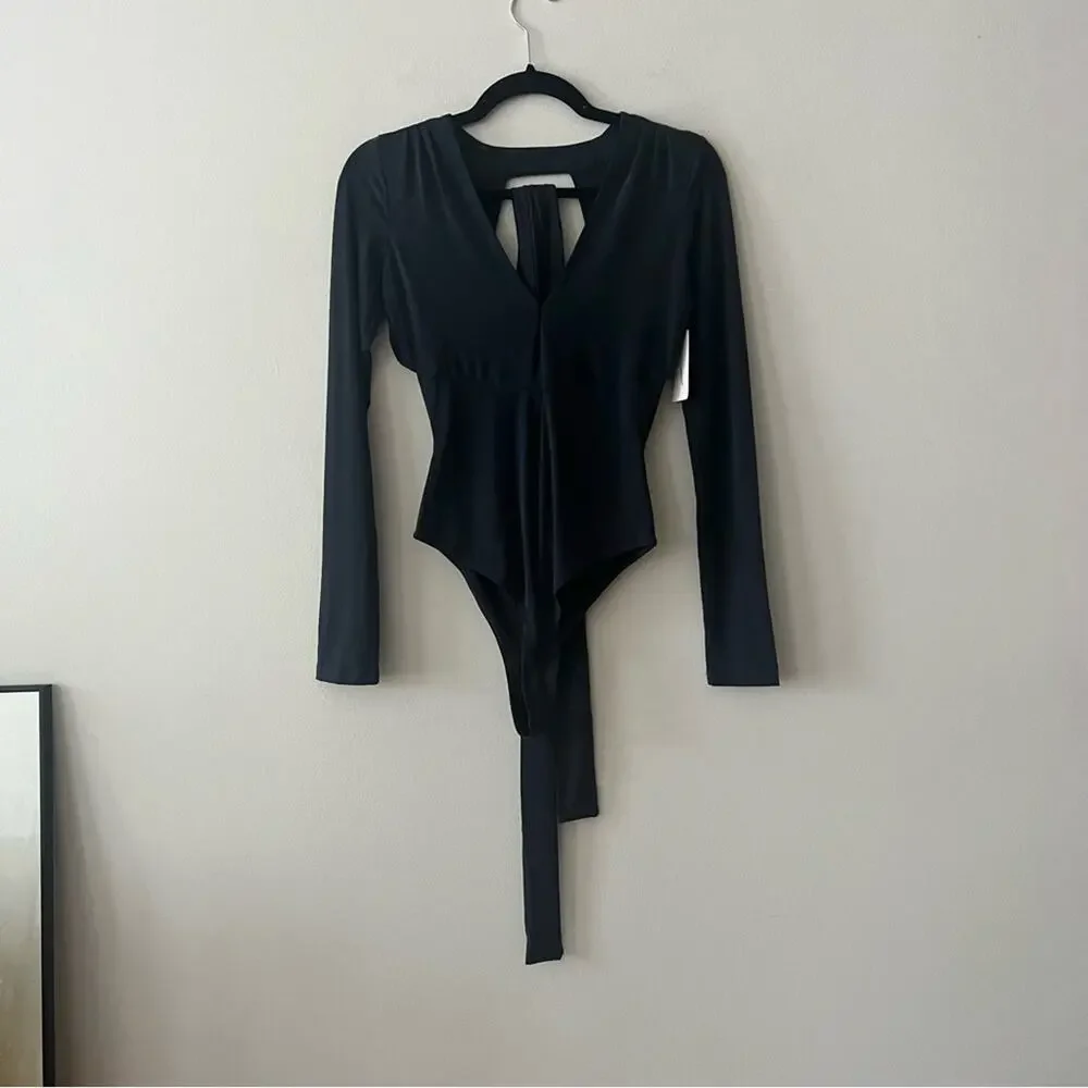 Anthropologie Black Open-Back Wrap Bodysuit